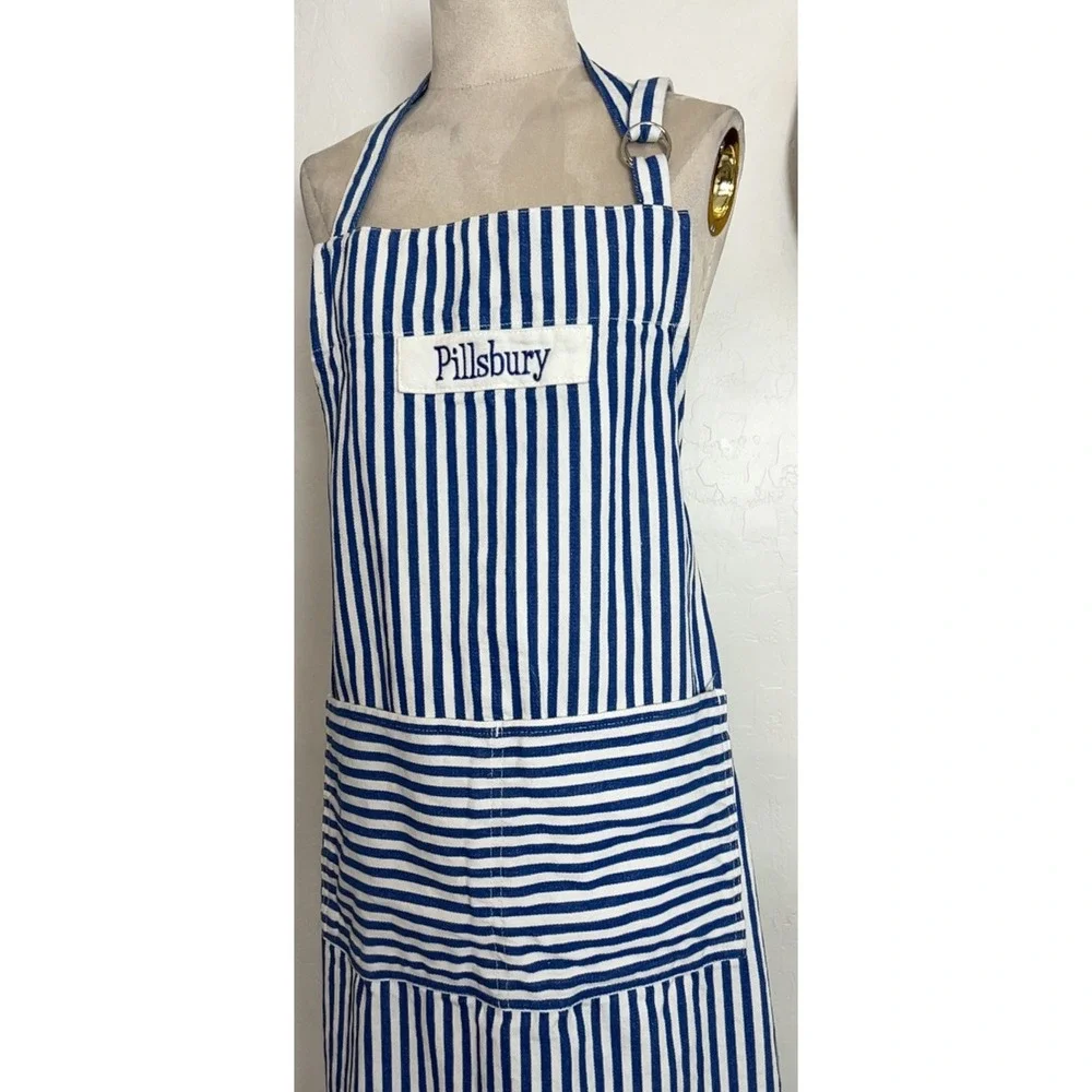Pillsbury Striped Cotton Cooking Apron Blue White Embroidered Size L/XL Pocket